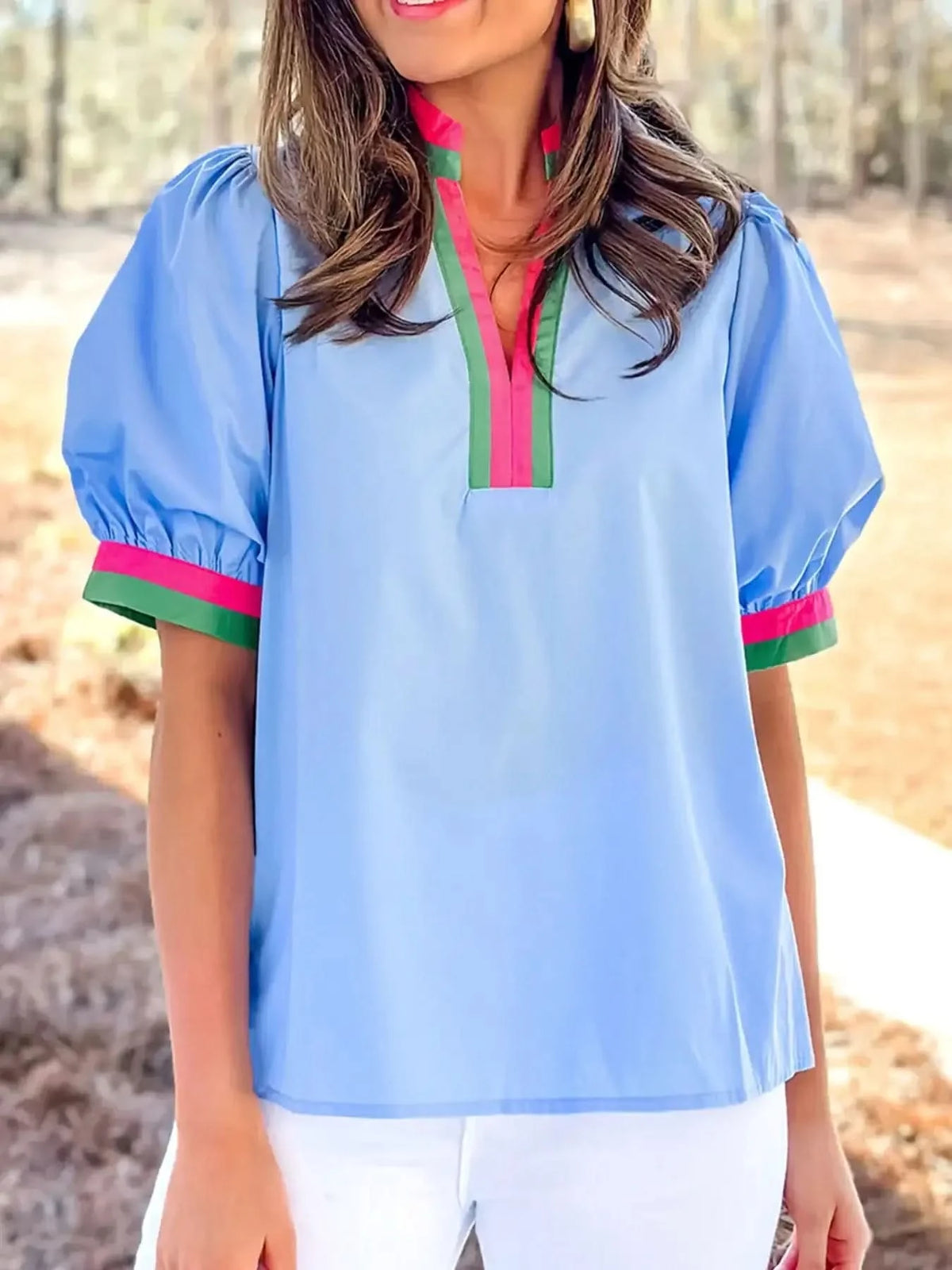 Contrast Trim Notched Short Sleeve Blouse - Light Blue