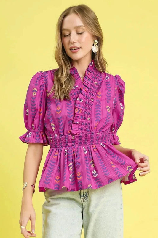 Umgee Printed Half Sleeve Peplum Blouse in Red-Violet - photo