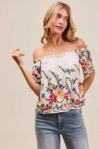SO ME Floral Embroidered Two Way Off The Shoulder Blouse - SwagglyLife Home & Fashion