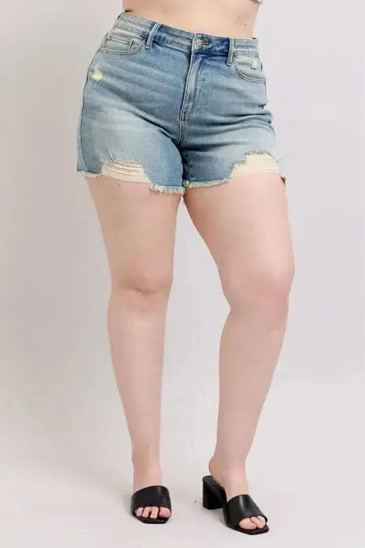 Judy Blue Plus Size High Rise Washed Fly Stitch Detail and Destroy Denim Shorts in - photo