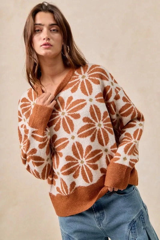 BiBi Flower Pattern Long Sleeve Sweater in RUST IVORY - photo