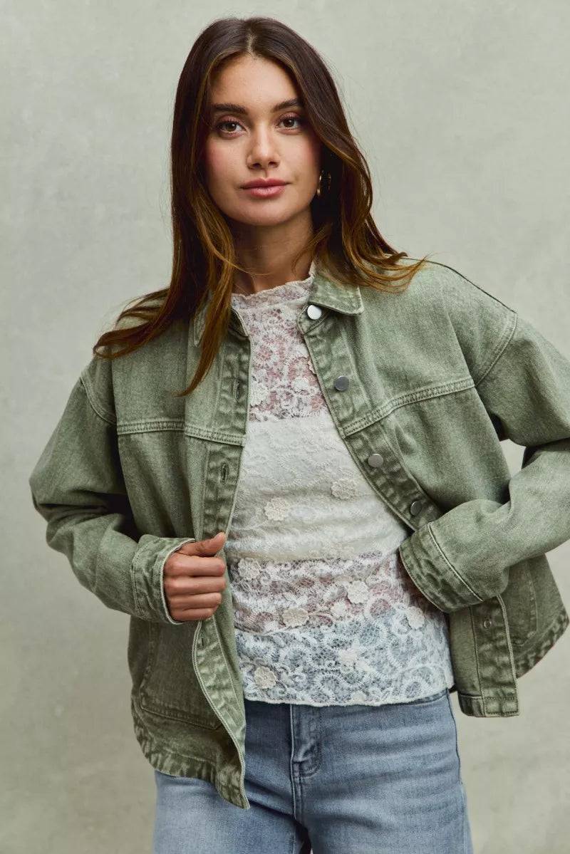 SO ME Vintage Washed Button Twill Shacket in - photo