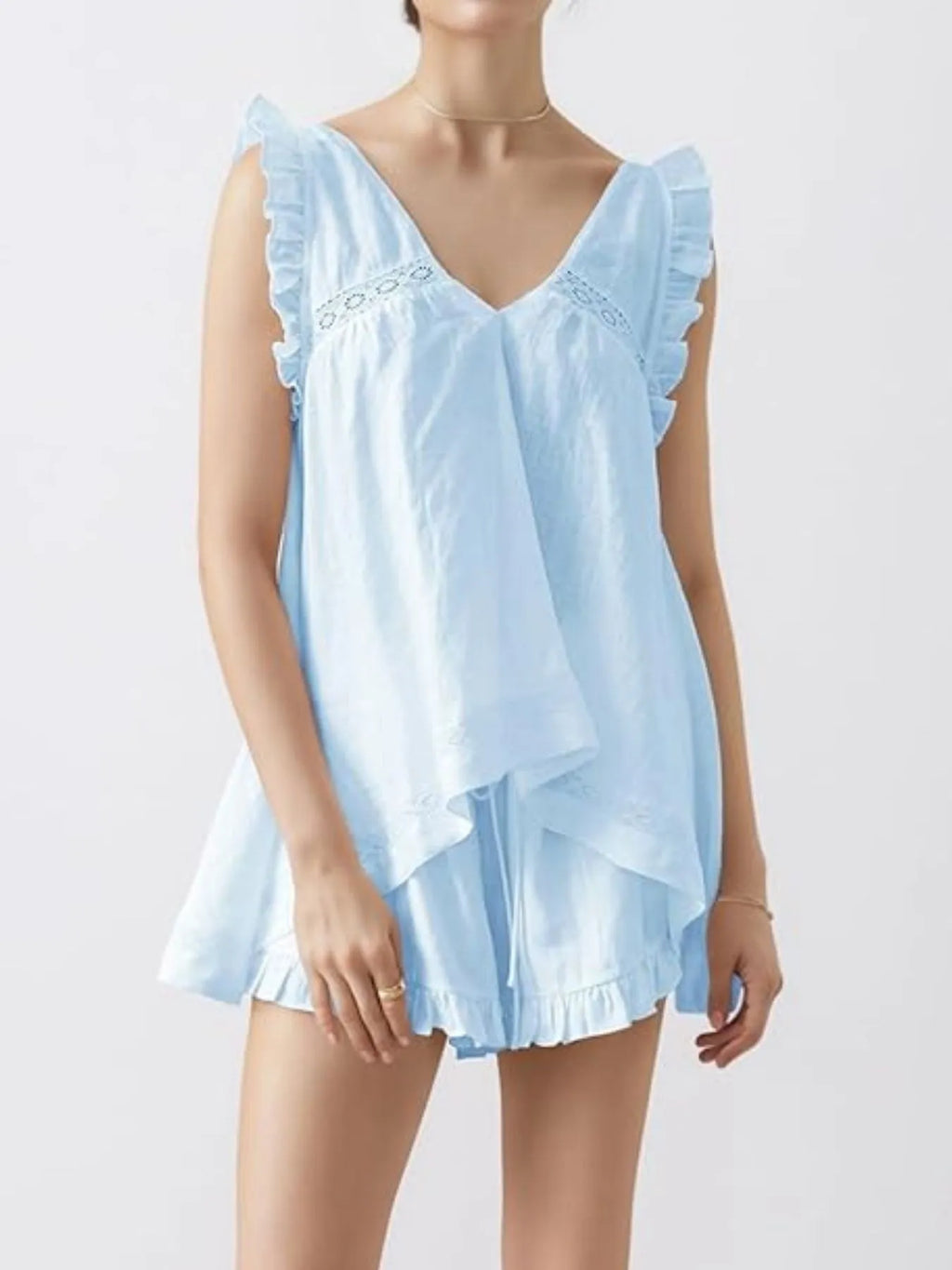 Ruffled V-Neck Top and Shorts Set - SwagglyLife Home & Fashion