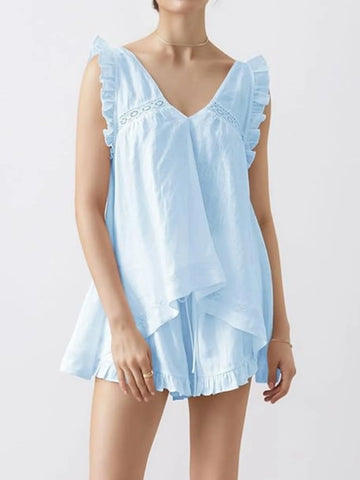 Ruffled V-Neck Top and Shorts Set - SwagglyLife Home & Fashion