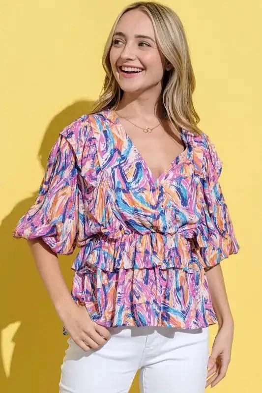 And The Why Printed Lantern Sleeve Blouse in MAUVE MULTI - photo