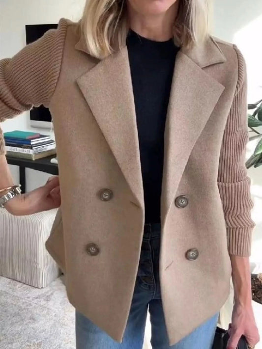 Knit Sleeve Double-Breasted Outerwear in Taupe - photo