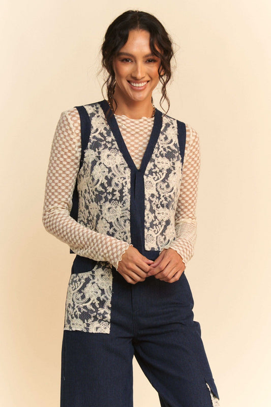 Davi & Dani Lace Patch Open Front Denim Vest in - photo