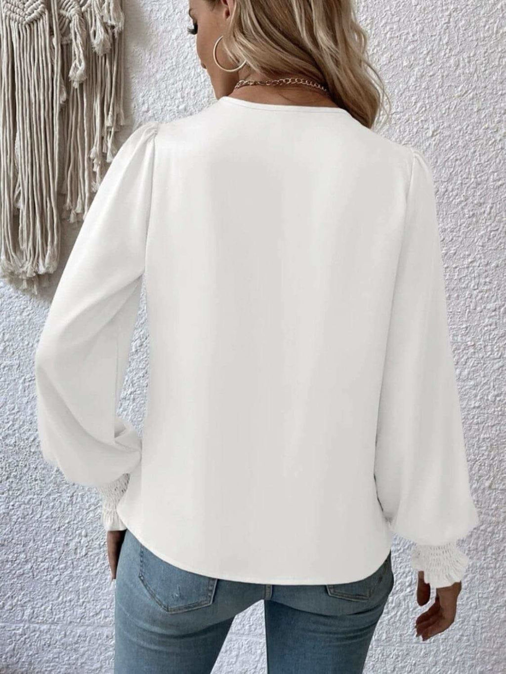 Surplice Smocked Lantern Sleeve Blouse - SwagglyLife Home & Fashion