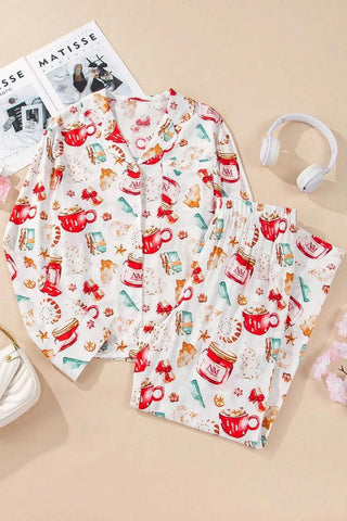 Cozy Printed Collared Neck Top and Pants Lounge Set