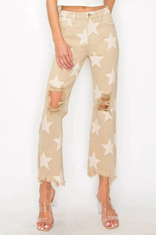 RISEN Full Size High Rise Star Printed Frayed Hem Jeans in Khaki - photo