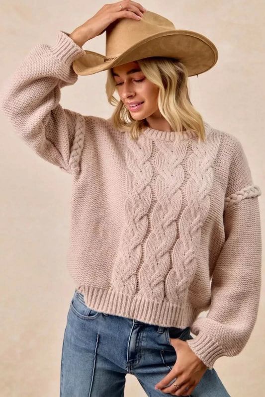BiBi Cable Knit Sweater with Shoulder Braid Detail in - photo