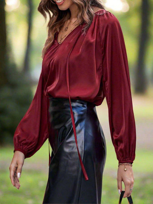 Ruched Tie Neck Balloon Sleeve Blouse in - tops photo