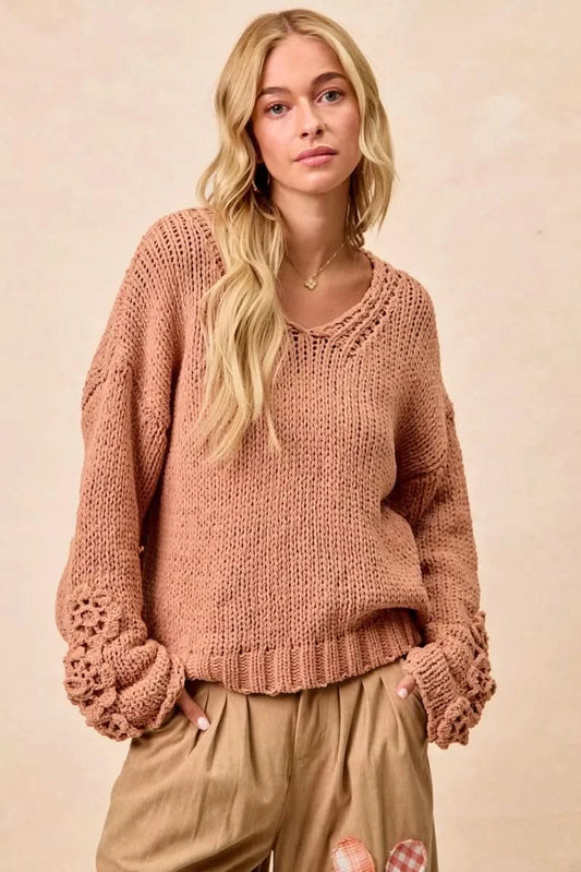 BiBi Chunky Knit Sweater with Flower Detail Sleeves in DUSTY PEACH - photo
