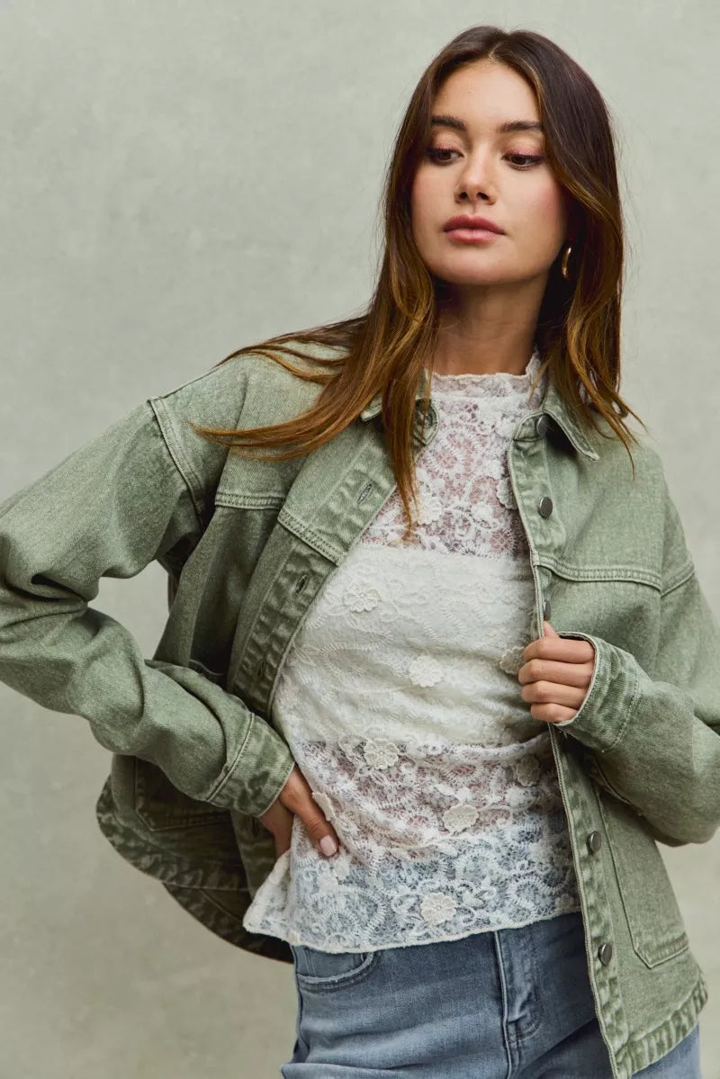 SO ME Vintage Washed Button Twill Shacket in - photo