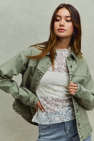 SO ME Vintage Washed Button Twill Shacket in - photo