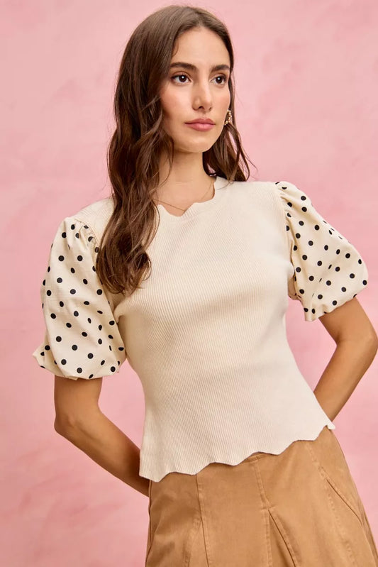 SO ME Polka Dot Contrast Woven Ballon Sleeve Blouse in CREAM BLACK - photo