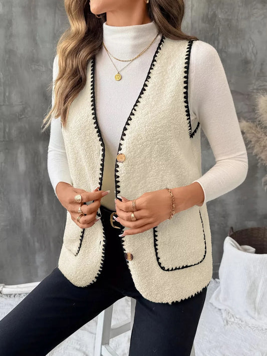 V-Neck Button Up Vest Coat in Apricot - photo