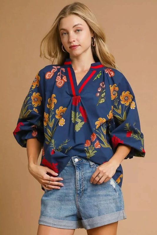 Umgee Floral Print Flounce Sleeve Blouse in MIDNIGHT MIX - photo
