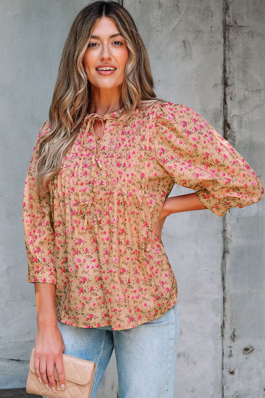 Sadie Floral Bow Pin-tuck Bust Half Puff Sleeve Blouse in Light French Beige - Tops/Blouses & Shirts photo