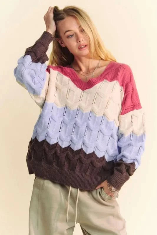 Davi & Dani Wavy Texture Color Block V-Neck Sweater in mauve light blue - photo