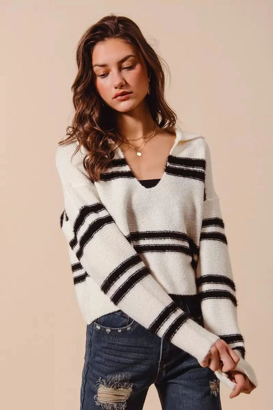 SO ME Fuzzy Hairy Stripe Deep U Neck Sweater in IVORY BLACK - photo