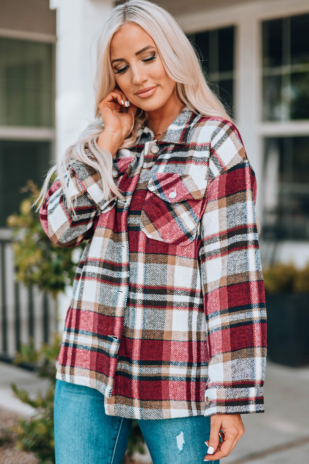 Plaid Button Front Shirt Jacket with Breast Pockets in - photo
