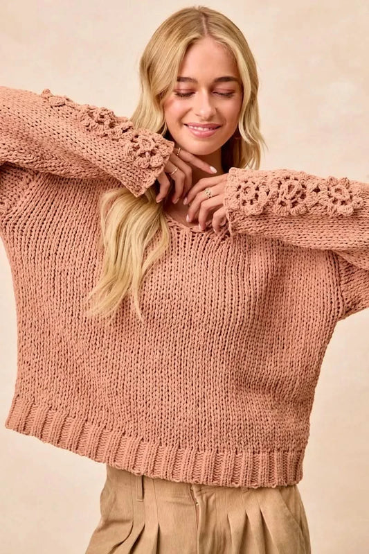 BiBi Chunky Knit Sweater with Flower Detail Sleeves in - photo