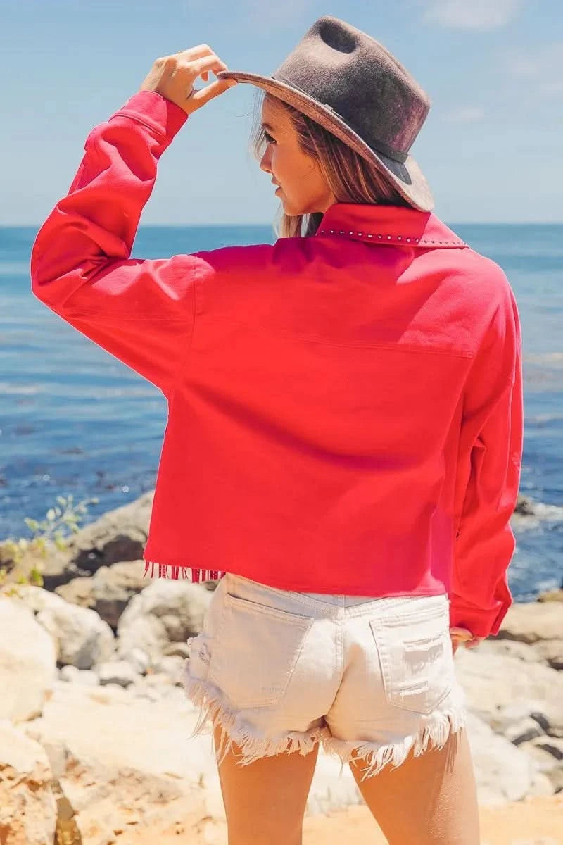 BiBi Rhinestone Fringe with Studed Collar Jacket in - photo