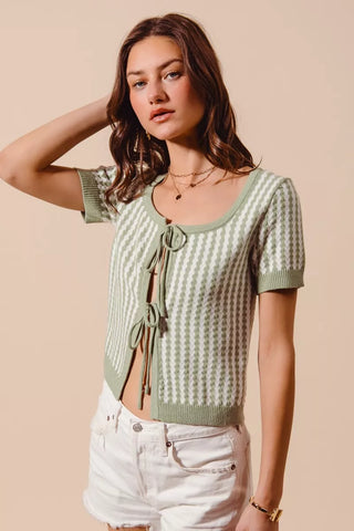 SO ME Tie Front Textured Vertical Stripe Knit Cardigan in - photo