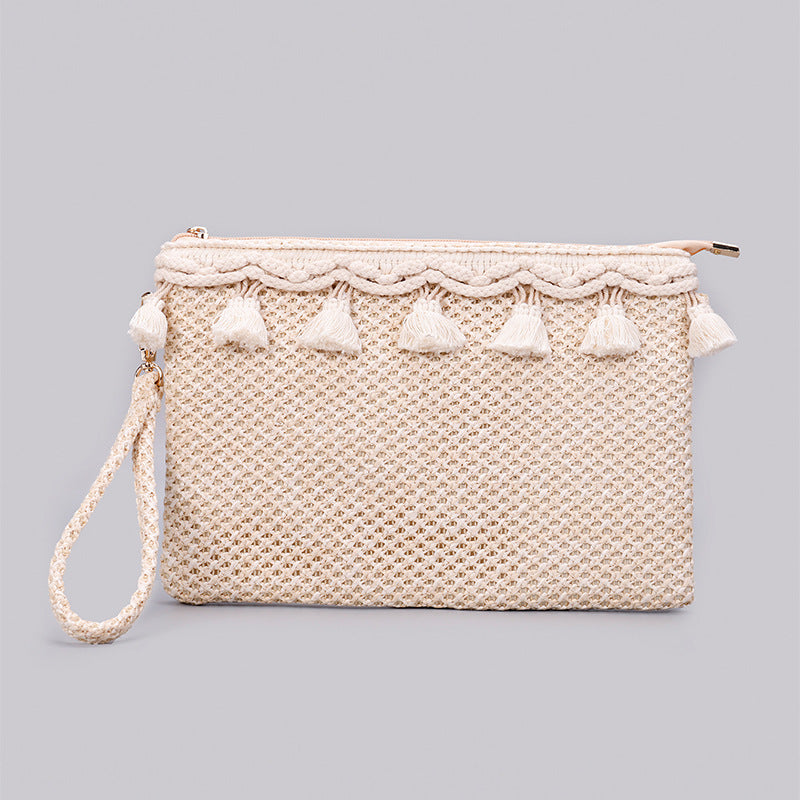 Naya Crochet Tassel Clutch in Straw - photo