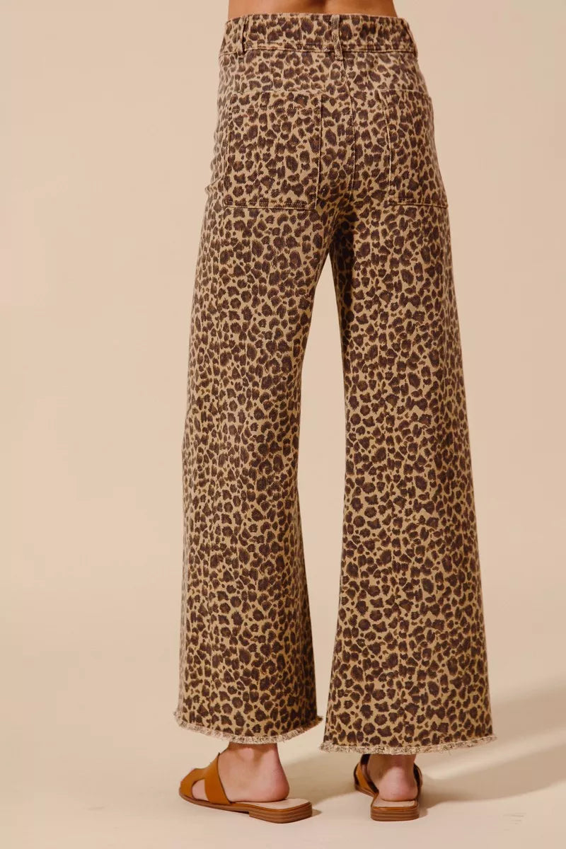 SO ME Mid Rise Leopard Twill Frayed Hem Wide Leg Pants - SwagglyLife Home & Fashion
