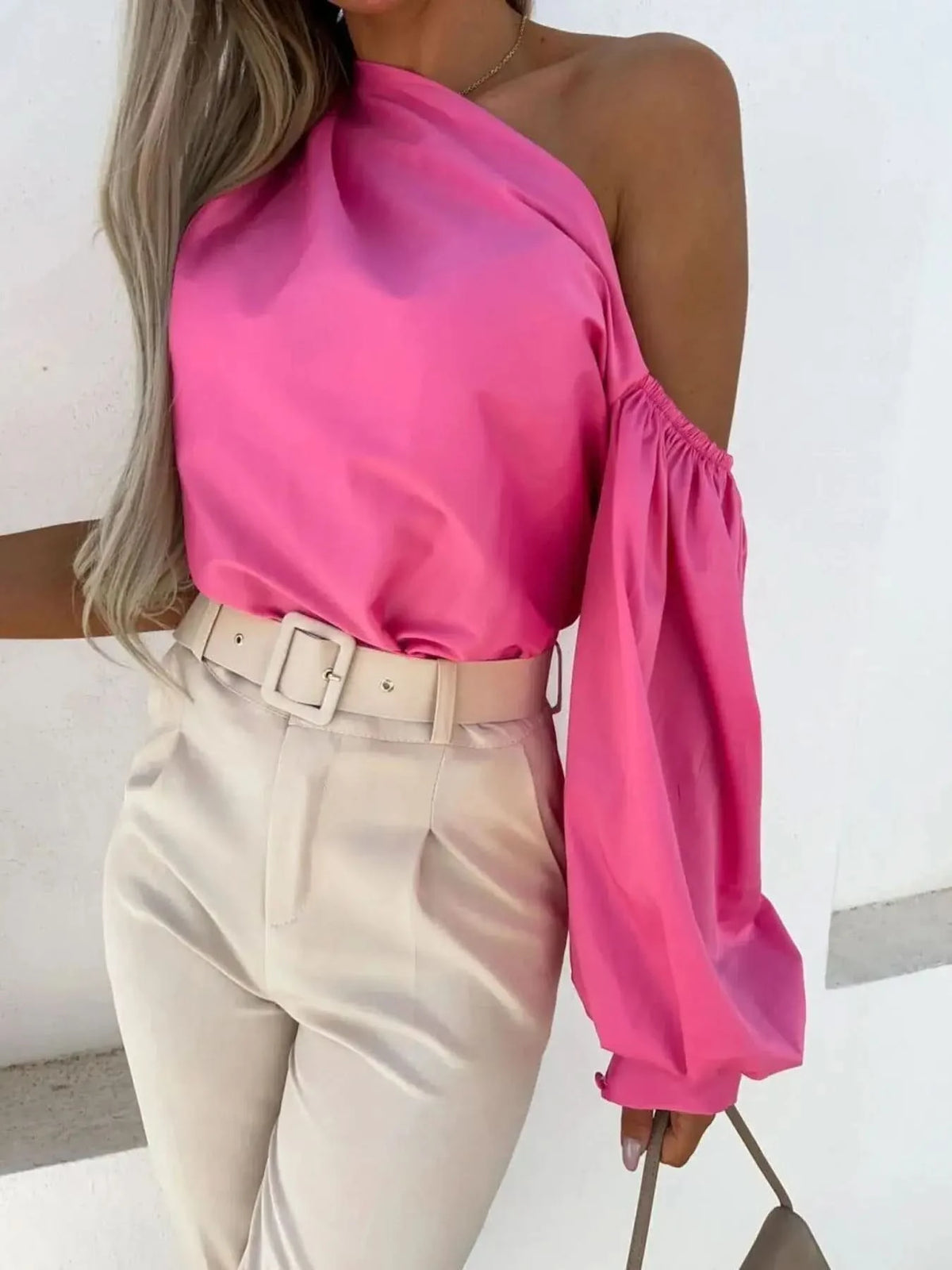 One Shoulder Puff Sleeve Blouse - Fuchsia Pink