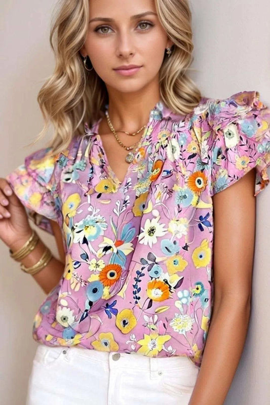 Printed Notched Double Layered Ruffle Sleeve Blouse in - photo