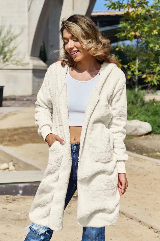 Double Take Full Size Hooded Teddy Bear Jacket with Thumbholes in Cream - photo