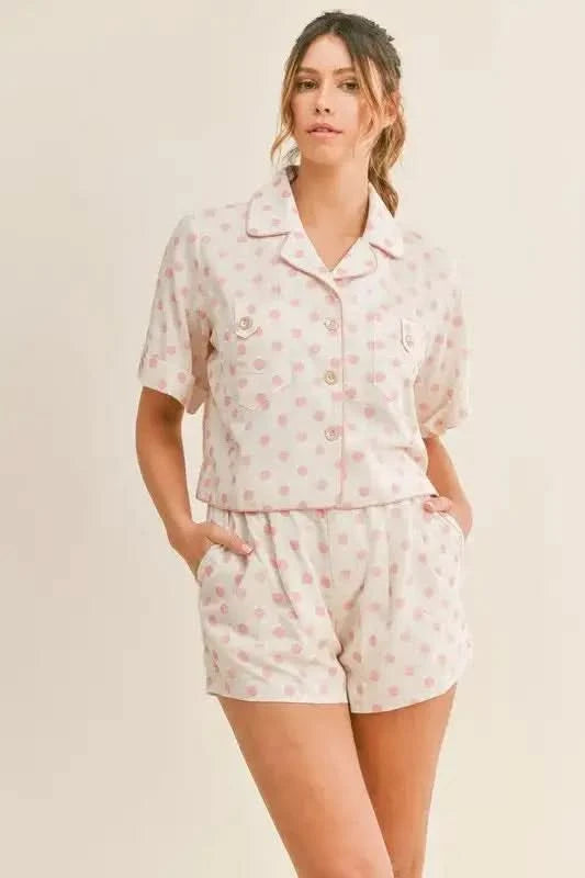 MABLE Polka Dot Collar Crop Top and Short Lounge Set in Pink - photo