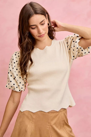 SO ME Polka Dot Contrast Woven Ballon Sleeve Blouse in - photo