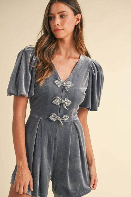 Mable Jewel Bow Decor Puff Sleeve Velvet Romper in - Rompers photo