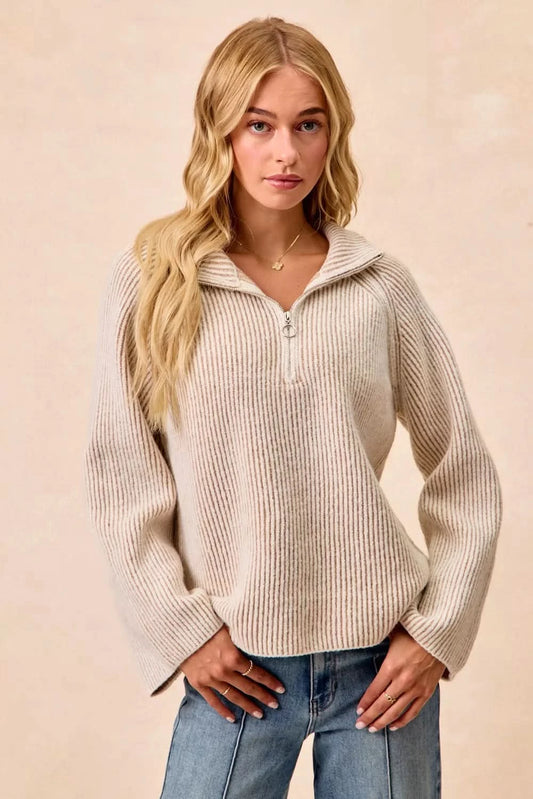BiBi Two Tone Rib Texured Knit Collared Top with Zip Up in TAUPE - photo