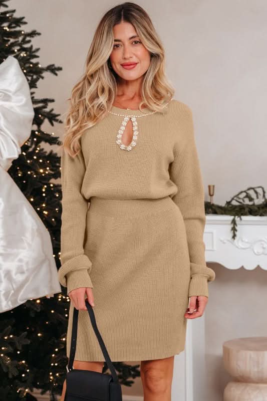 Zariah Embellished Keyhole Ribbed Sweater in Smoke Gray - photo
