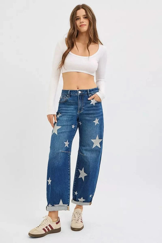 RISEN Star Print Mid Rise Barrel Jeans in - photo