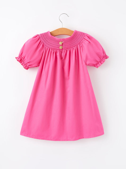 Girls Bow Smocking Embroidery Hot Pink Dress -