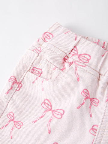 Fall Girls Pink Bow Print Elastic Flared Jeans Denim pant