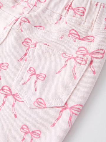 Fall Girls Pink Bow Print Elastic Flared Jeans Denim pant