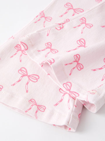Fall Girls Pink Bow Print Elastic Flared Jeans Denim pant