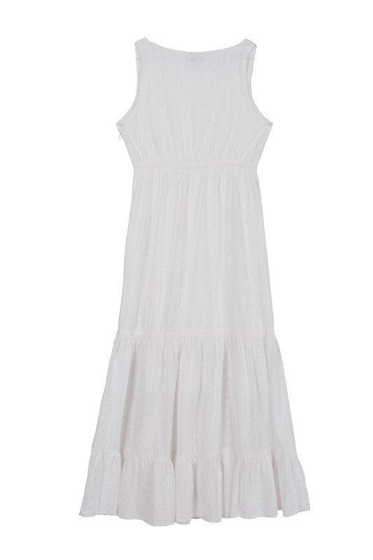 Lilou Embroidered White V Neckline Tiered Dress - SwagglyLife Home & Fashion