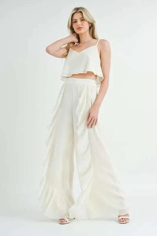 MABLE Crop Cami and Ruffled Wide Leg Pants Set - SwagglyLife Home & Fashion