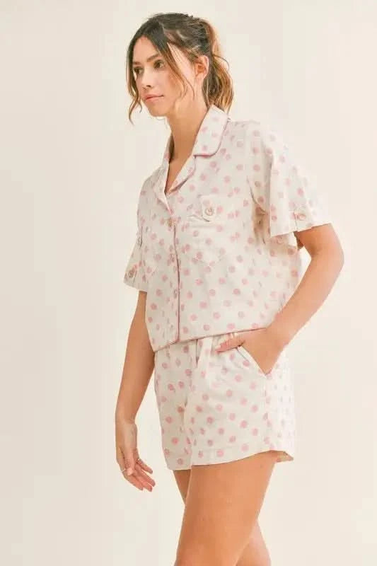 MABLE Polka Dot Collar Crop Top and Short Lounge Set in - photo