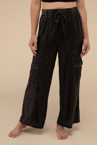 ZENANA Washed Linen Elastic Band Waist Cargo Pants