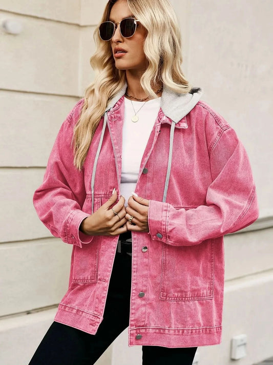 Oversized Button Up Denim Jacket with Hood in Strawberry - photo