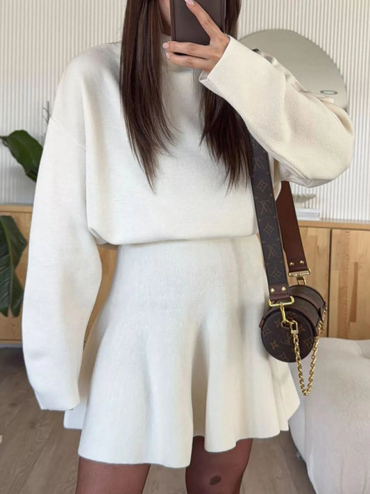 Round Neck Long Sleeve Mini Sweater Dress in White - photo